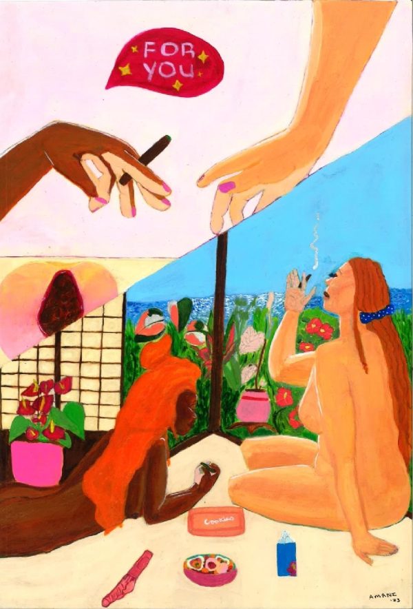 A 8.5'x11" print of a painting of two women smoking in a tropical setting overlooking the ocean